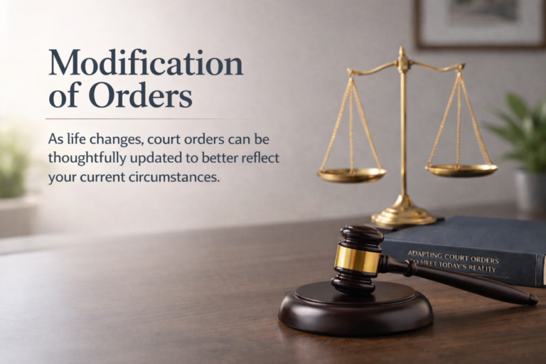 Modification of orders in family law with scales of justice illustrating updated court orders based on life changes