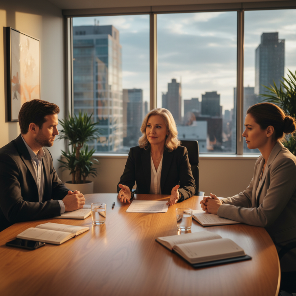 Divorce mediation session with family law attorney helping a couple reach agreement in Melbourne, Florida office