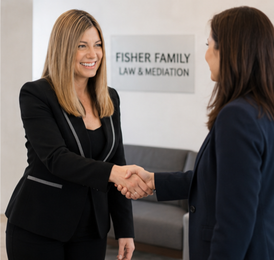 Attorney Christy M. Fisher shaking hands with a client in front of the Fisher Family Law & Mediation office sign.