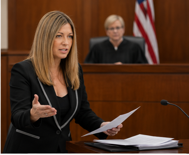 A family law attorney presenting a case before a judge in a Brevard County courtroom setting.