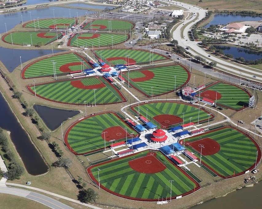 large baseball complex in Viera, FL. Green and brown baseball fields, club houses and roads.