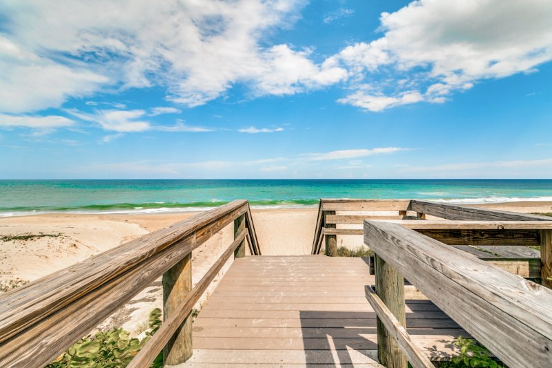 Indialantic, FL beach, boardwalk, sand, and ocean